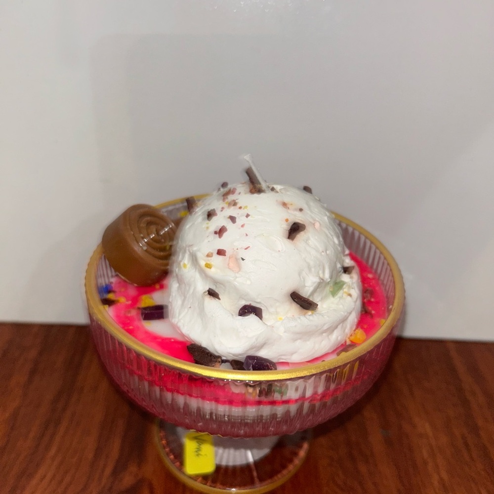 Whipped White Ice Cream Sunday Candle in Pink Glass Dish